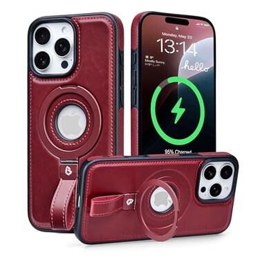 Butaiga for iPhone 16 Pro Max Leather Case with Stand AntiSlip Grip Ring Fits for MagSafe Burgundy iPhone 16 Pro Max