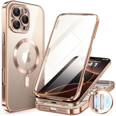 BERFY for iPhone 16 Pro Case Compatible with MagSafe Builtin Glass Screen Protector Camera Protection Shockproof Full Body Phone Case 63 Clear Plating Desert Gold