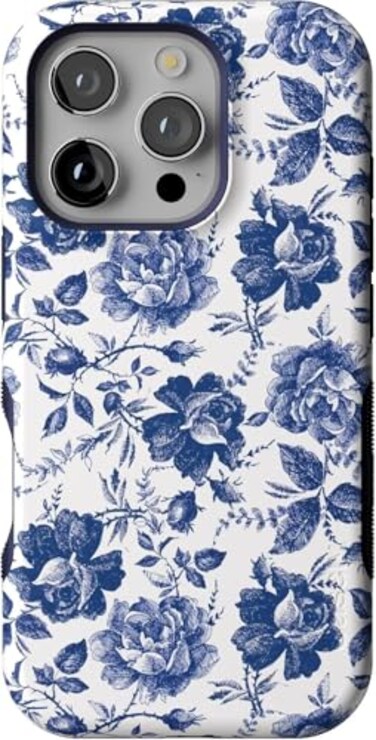 Casely iPhone 16 Pro Case Rose to Fame Blue White Floral Bold Protective Design Compatible with MagSafe