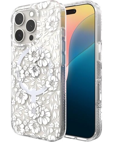 ZAGG Milan Snap Case for iPhone 16 Pro Floral Design on Clear Base MagSafe Wireless Charging Compatible 13ft Drop Protection EcoFriendly Materials Graphene Reinforced White Floral