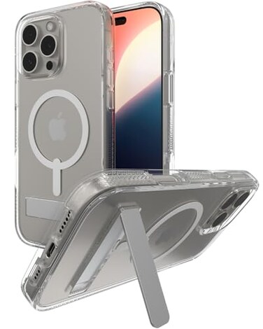 ZAGG Crystal Palace Snap with Kickstand Case for iPhone 16 Pro Max MagSafe Wireless Charging Compatible Survives Drops Up to 13ft Textured Grip EcoFriendly Clear