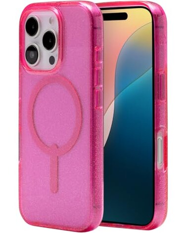 ZAGG Milan Snap Case for iPhone 16 Pro Pink Glitter MagSafe Compatible 13ft Drop Protection Recycled Materials Slim Stylish Design