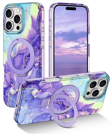 Lamcase for iPhone 16 Pro Case with Magnetic Invisible Ring Stand Compatible with MagSafe Full Body Rugged Slim Women Men Girl Shockproof Marble Pattern Design Case Violet
