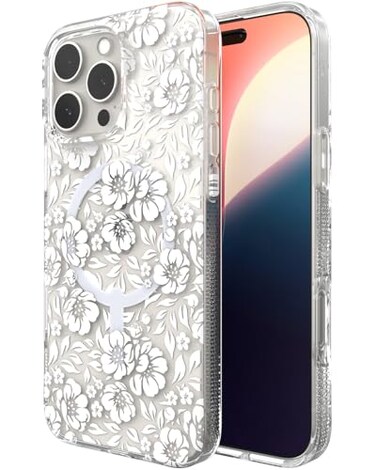 ZAGG Milan Snap Case for iPhone 16 Pro Max Floral Design on Clear Base MagSafe Wireless Charging Compatible 13ft Drop Protection EcoFriendly Materials Graphene Reinforced White Floral
