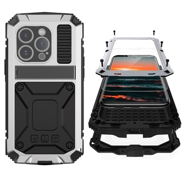 Simicoo Compatible with iPhone 16 Pro Max Metal Case with Screen Protector Camera Protector Military Rugged Heavy Duty Shockproof Case with Metal Kickstand Full Body Tough Dustproof Case Sliver
