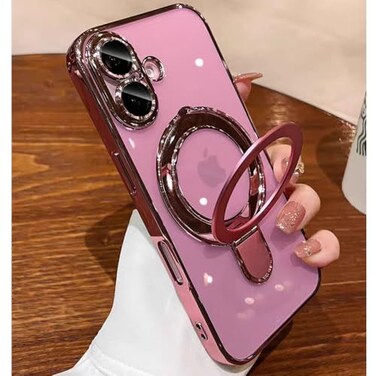 ZinLyuen Magnetic Case for iPhone 16 Plus Case Stand Ring Holder Compatible with MagSafe Builtin Camera Lens Protector Shockproof Phone Case for iPhone 16 Plus 67 Pink