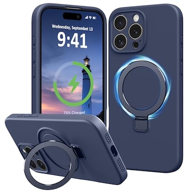 Vanxiliiy for iPhone 16 Pro Max Case Stand Slim Comfortable Liquid Silicone Phone Cases for iPhone 16 Pro Max Compatible with MagSafe Magnetic Ring Kickstand Full Camera Protection 69 Dark Blue