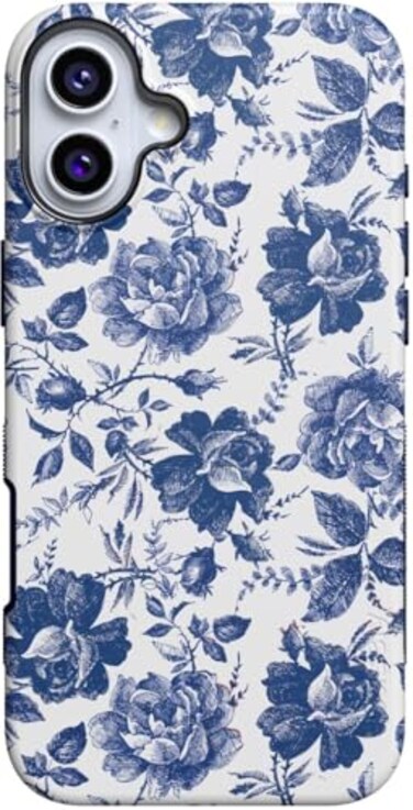 Casely iPhone 16 Case Rose to Fame Blue White Floral Bold Protective Design Compatible with MagSafe