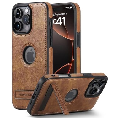 KSELF Leather Case for iPhone 16 Pro Max Case Protective Slim with Kickstand Shockproof Phone Cases Builtin Invisible Stand Compatible with iPhone 16 Pro Max 69 Brown