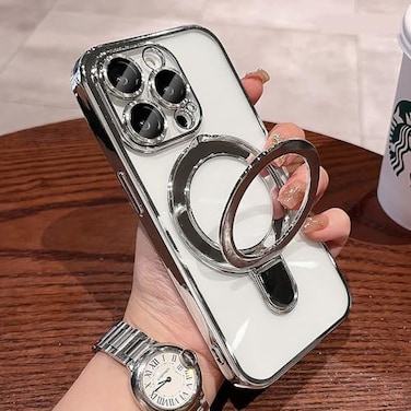 ZinLyuen Magnetic Ring Case for iPhone 16 Pro Max Case Kickstand Compatible with MagSafe Builtin Camera Lens Protector Shockproof Phone Case for iPhone 16 ProMax 69 Silver
