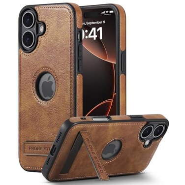 KSELF Leather Case for iPhone 16 Protective Slim with Kickstand Builtin Invisible Stand Compatible with iPhone 16 61 Brown