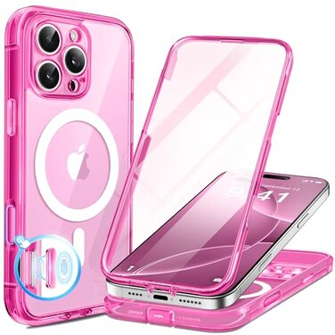 BERFY for iPhone 16 Pro Max Case Compatible with MagSafe Builtin Glass Screen Protector Camera Protection Shockproof Full Body Phone Case 69 Clear Bright Pink