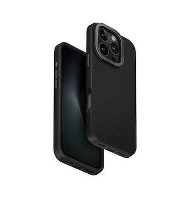 UNIQ KEVA MAX iPhone 16 Pro Case Black Aramid Fiber Impact Protection Minimalist Business Phone Case with Builtin Stand