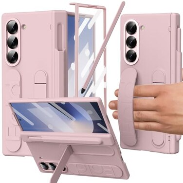 YQODSZ for Samsung Galaxy Z Fold 6 Case with Finger Strap S Pen Holder Stylus Z Fold 6 Kickstand Case with Hand Strap Hinge Protection Screen Protector Pink
