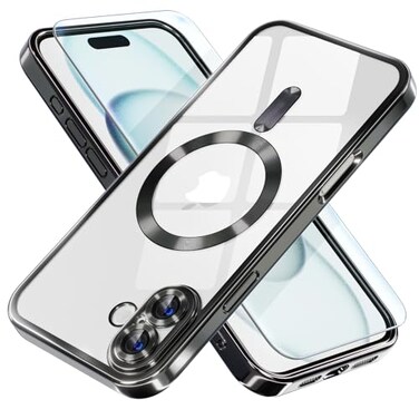 Misea Magnetic for iPhone 16 Plus Case Compatible with MagSafe Never Yellowing Military Grade Drop Protection Full Camera Lens Protector Plating Soft Clear Phone Case for Women 67 Black