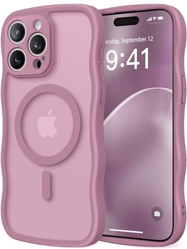 CAPRARO Cute for iPhone 15 Pro Max Case Compatible with MagSafe Curly Wave Edge Full Camera Protection 14 FT Drop Protection Magnetic Phone Case for 15 Pro Max 67 Inch Black Currant