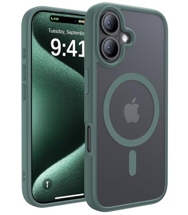 CAHEJILU Magnetic for iPhone 16 CaseCompatible with MagSafeMilitary Grade Drop Protection AntiFingerprint Translucent Matte Shockproof Protective Case for iPhone 16 Phone Case 61Night Green