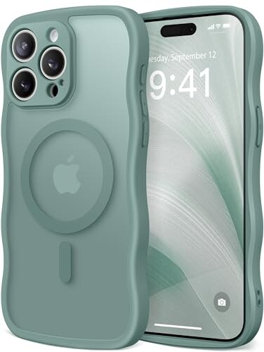 CAPRARO Cute for iPhone 15 Pro Max Case Compatible with MagSafe Curly Wave Edge Full Camera Protection 14 FT Drop Protection Magnetic Phone Case for 15 Pro Max 67 Inch Midnight Green