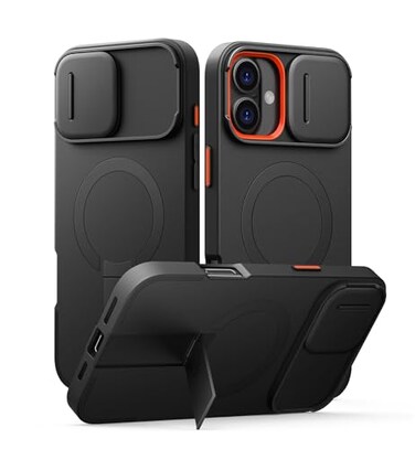SURITCH for iPhone 16 Plus Case with Magnetic Camera Slide Cover and Adjustable Kickstand Compatible with MagSafe Shockproof Bumper Case Slim Protective Cover for iPhone 16 Plus 67 Inch Black