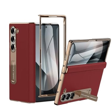 Kalernd for Samsung Galaxy Z Fold 6 Phone CaseLuxury Premier Genuine LeatherFull Body Hinge ProtectionBuiltin Screen ProtectorKickstand Slim Protective Cover for Galaxy ZFold 6 Red