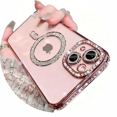 Doulings Magnetic Glitter Diamond for iPhone 16 Pro Max CaseCompatible with MagSafe Sparkle Rhinestone Camera Lens Protector PlatedCrtstal Clear Slim Military Drop Shockproof Cover for WomenPink