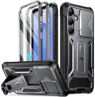 Poetic Spartan Case for Galaxy S25 Plus 67 Slide Camera Cover Screen Protector Works with Fingerprint IDMilitary Grade Rugged Shockproof S25 Plus Phone Case with Kickstand Metallic Gun Metal