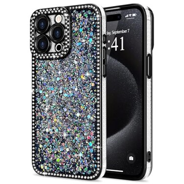 Lafunda for iPhone 15 Pro Max Case Glitter Luxury Shiny Bling Sparkly Bumper Cover with Crystal Diamonds for Women Girls Soft Slim Shockproof Protective Phone Case for iPhone 15 Pro Max 67 Black