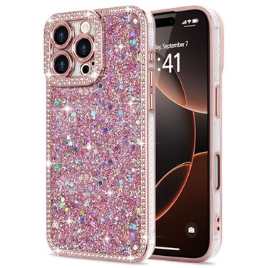 Lafunda for iPhone 16 Pro Max Case Glitter Luxury Shiny Bling Sparkly Bumper Cover with Crystal Diamonds for Women Girls Soft Slim Shockproof Protective Phone Case for iPhone 16 Pro Max 69 Pink