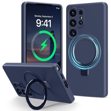 Vanxiliiy for Galaxy S25 Ultra Case with Stand Slim Liquid Silicone Phone Cases for Samsung Galaxy S25 Ultra Compatible with MagSafe Magnetic Ring Kickstand Case Full Camera Protection Dark Blue