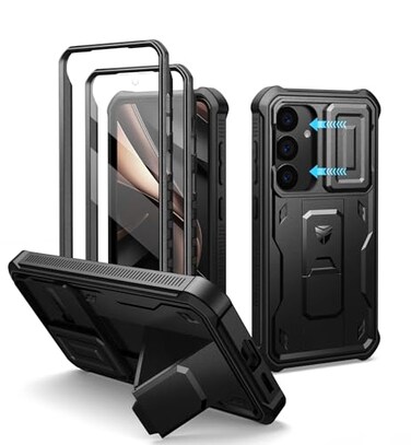 Dexnor for Samsung Galaxy S25 Case with Builtin Slide Camera Cover Screen Protector Kickstand HeavyDuty Shockproof Rugged Case FullBody Bumper Protective Cover for Galaxy S25 2025Black