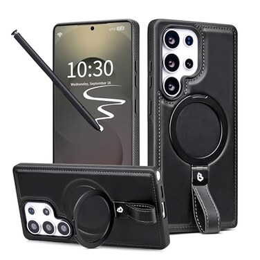Butaiga for Samsung Galaxy S25 Ultra Case Leather with Stand AntiSlip Grip Ring Fits for MagSafe Black S25 Ultra