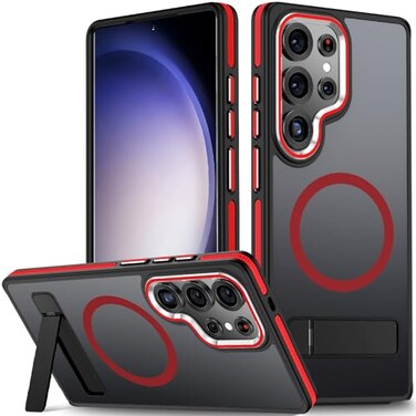 MALEWOLF Kickstand Case for Samsung Galaxy S25 Ultra Magnetic Fits for Magsafe Rugged Shockproof Phone Case with AntiSlip Grip Slim Matte Protective Cover for Galaxy S25 Ultra BlackRed