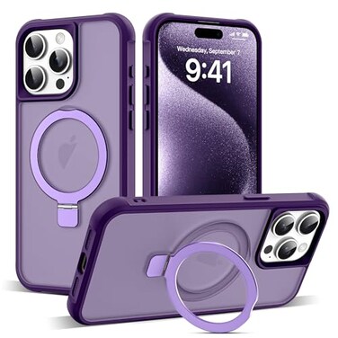 SKYLMW Compatible with iPhone 15 Pro Max Case with Invisible Magnetic ORing Stand MilitaryGrade Translucent Case for iPhone 15 ProMax 67 Compatible with MagSafeGreat Grip Feeling Purple