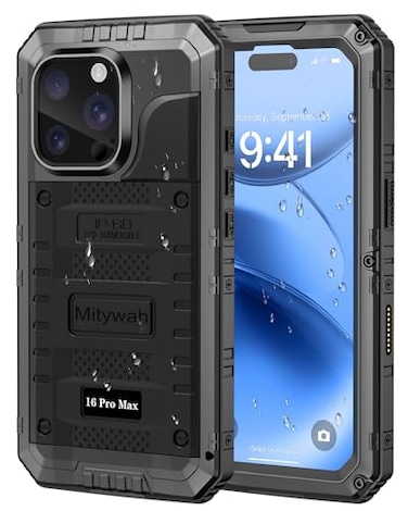 Mitywah Waterproof Case for iPhone 16 Pro Max Heavy Duty Metal Cover with Builtin Screen Protector Military Grade Full Body Shockproof Rugged Protective Phone Case 69 inch Black