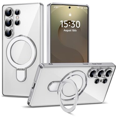 ETPESOK Compatible with Samsung Galaxy S25 Ultra Case with Magnetic Ring Stand Compatible with MagSafe Full Camera Lens Protector Plating Clear Phone Case for S25 Ultra 69 Silver