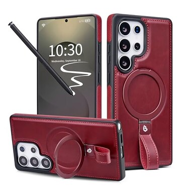 Butaiga for Samsung Galaxy S25 Ultra Case Leather with Stand AntiSlip Grip Ring Fits for MagSafe Burgundy S25 Ultra