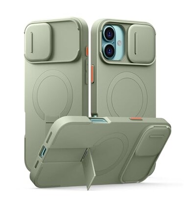 SURITCH for iPhone 16 Plus Case with Magnetic Camera Slide Cover and Adjustable Kickstand Compatible with MagSafe Shockproof Bumper Case Slim Protective Cover for iPhone 16 Plus 67 Inch Green