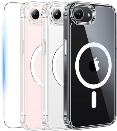 FNTCASE for iPhone 17e iPhone 16e Case Clear Magnetic Phone Cases with Screen Protector Compatible with Magsafe Anti Yellowing Shockproof Protective Transparent Cell Phone Cover AClear