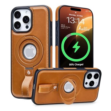 Butaiga for iPhone 14 Pro Max Leather Case with Stand AntiSlip Grip Ring Fits for MagSafe Brown iPhone 14 Pro Max