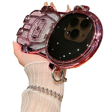 QoKcoahn Astronaut Case Compatible with iPhone 16 Pro MaxCute 3D Astronaut Lens Camera Protection Hidden Stand Kickstand Luxury Glitter Bling Soft TPU Cover with Mirror Metal Chain Pink