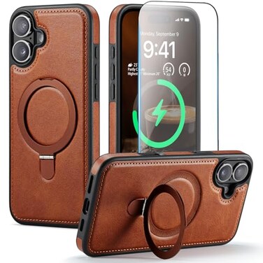 CHEEWADA for iPhone 16 Case with Stand Compatible with Magsafe Thin Slim PU Leather Durable TPU Drop Proof Magnetic Kickstand Protective Phone Cover with Tempered Glass Screen Protector 61 Brown