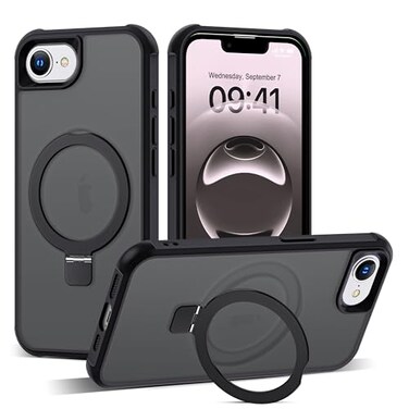SKYLMW Compatible with iPhone 16e Case iPhone 17e Case 61 with Invisible Magnetic ORing Stand MilitaryGrade Translucent Phone Cases Compatible with MagSafeGreat Grip Feeling Black