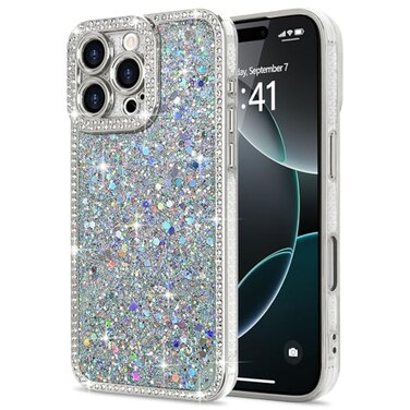 Lafunda for iPhone 16 Pro Max Case Glitter Luxury Shiny Bling Sparkly Bumper Cover with Crystal Diamonds for Women Girls Soft Slim Shockproof Protective Phone Case for iPhone 16 Pro Max 69 Sliver