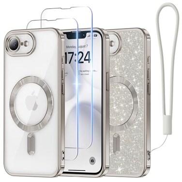 Meifigno Designed for iPhone 17e16e Case 61 Compatible with MagSafe Glitter Card Wrist Strap 2X Screen Protectors Surround Raised Lens Protection Phone Case for 17e16e Titanium Silver