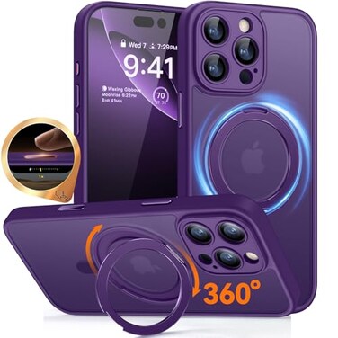 CANSHN 360 Spin Magnetic Stand for iPhone 16 Pro Case with Camera Control Full Camera Protection Compatible with Magsafe Translucent Matte Shockproof Protective Phone Cover 63 Deep Purple