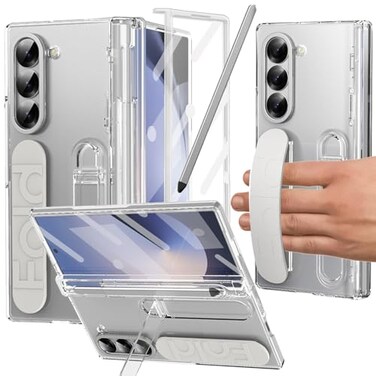 YQODSZ for Samsung Galaxy Z Fold 5 Case with S Pen Holder Slim Stylus Z Fold 5 Kickstand Case with Hand Strap Hinge Protection Screen Protector Raised Edge Protection Cover Case for Z Fold 5 Clear