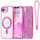 Meifigno Designed for iPhone 17e16e Case 61 Compatible with MagSafe Glitter Card Wrist Strap 2X Screen Protectors Surround Raised Lens Protection Phone Case for 17e16e Hot Pink