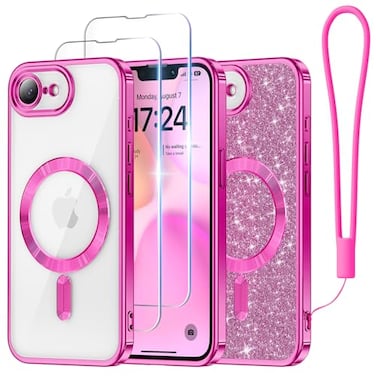 Meifigno Designed for iPhone 17e16e Case 61 Compatible with MagSafe Glitter Card Wrist Strap 2X Screen Protectors Surround Raised Lens Protection Phone Case for 17e16e Hot Pink