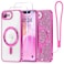Meifigno Designed for iPhone 17e16e Case 61 Compatible with MagSafe Glitter Card Wrist Strap 2X Screen Protectors Surround Raised Lens Protection Phone Case for 17e16e Hot Pink