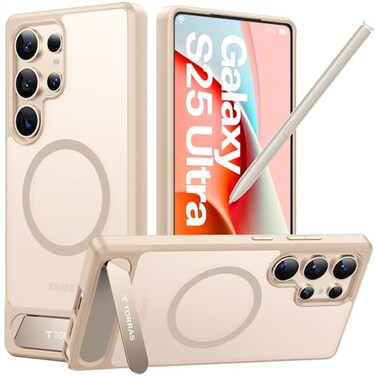 TORRAS Strong Magnetic Seamless Stand for Samsung Galaxy S25 Ultra Case Fit for MagSafe MilGrade Drop Protection Kickstand for Samsung Galaxy S25 Ultra Case Translucent BackGold Edge